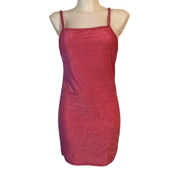 5069 NWT 5B Style Sparkly Disco Bodycon Mini Dress Spaghetti Straps Pink Large - Picture 3 of 7